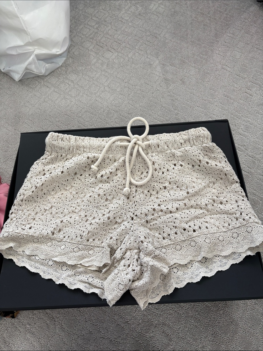 Banjara Lace Crochet Drawstring Shorts in taupe size S